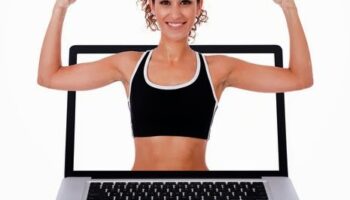 Fitness woman showing a exercises  position through laptop screen